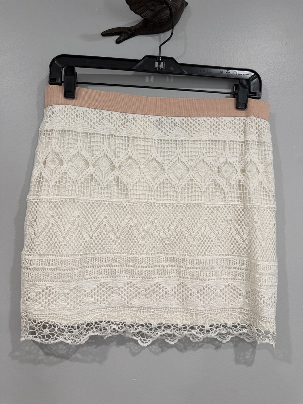 American Eagle Outfitters Cream Crochet Mini Skirt Blush Ribbon Waistband Womens